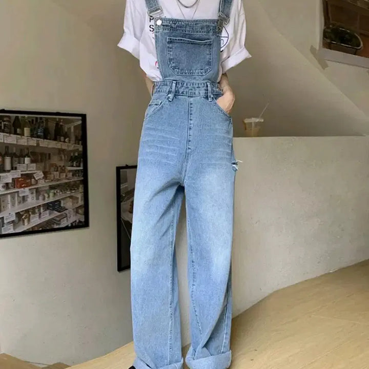 [BUNJANG] Washed Denim Overalls Wide Pants / 워싱 데님 멜빵 와이드 팬츠