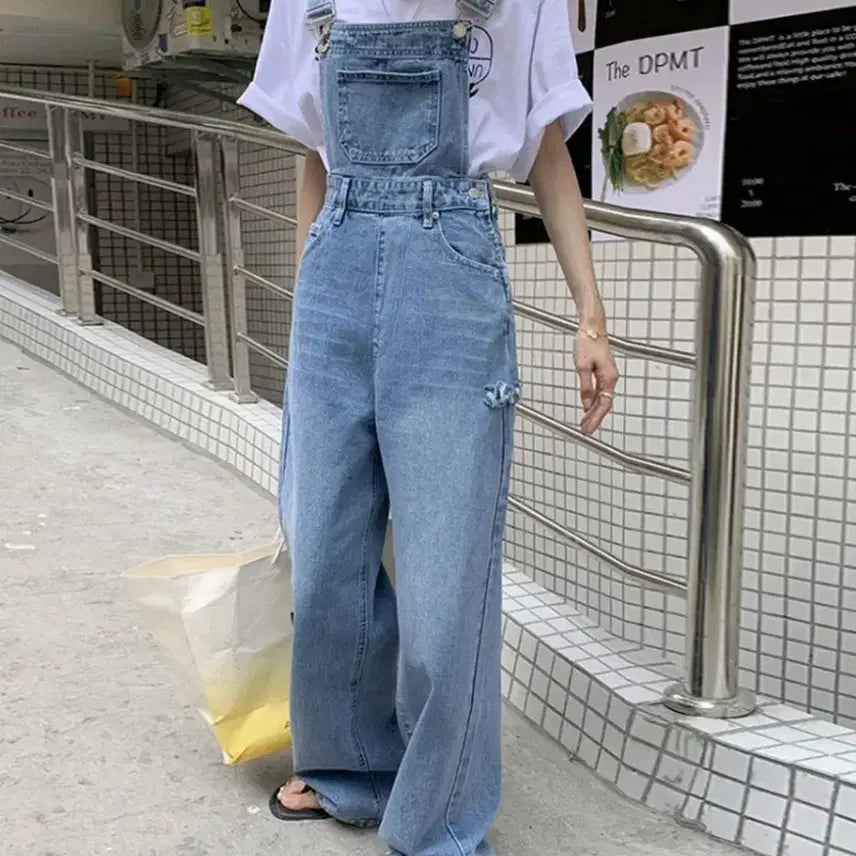 [BUNJANG] Washed Denim Overalls Wide Pants / 워싱 데님 멜빵 와이드 팬츠