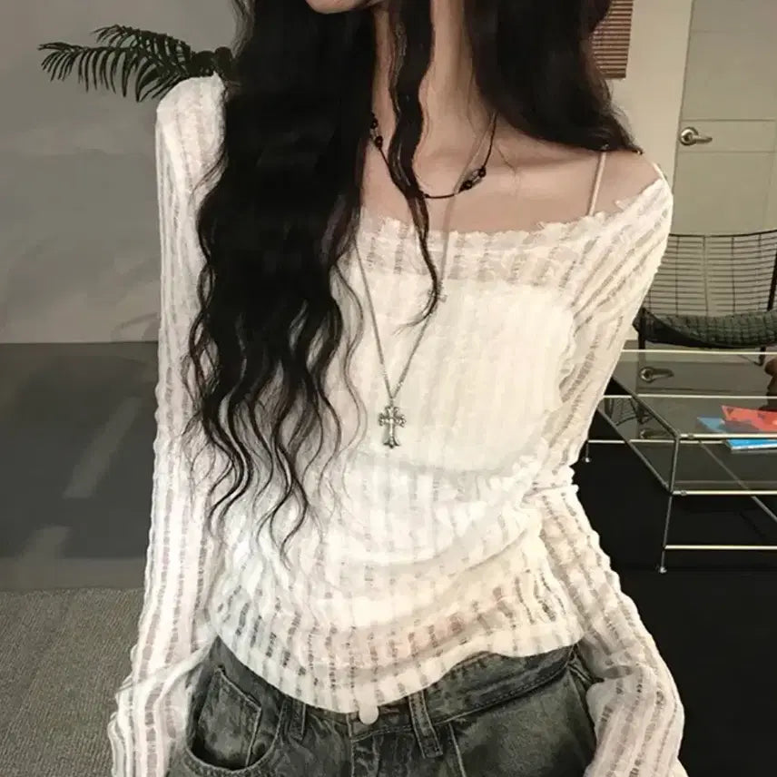 [BUNJANG] Herit See-through Off-shoulder Ribbon Long Sleeve Knit / 새상품 에이블리 히릿 시스루 오프숄더 리본 긴팔 니트