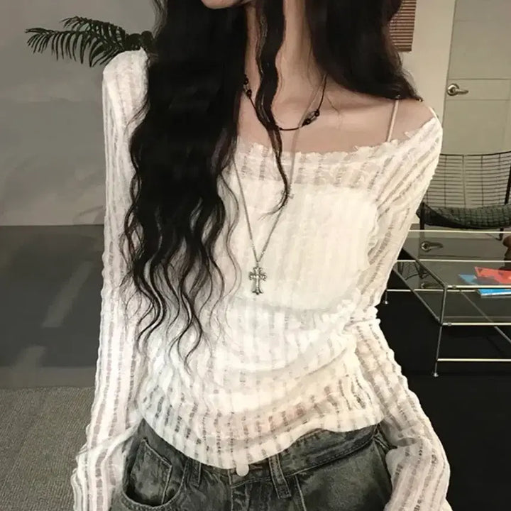[BUNJANG] Herit See-through Off-shoulder Ribbon Long Sleeve Knit / 새상품 에이블리 히릿 시스루 오프숄더 리본 긴팔 니트
