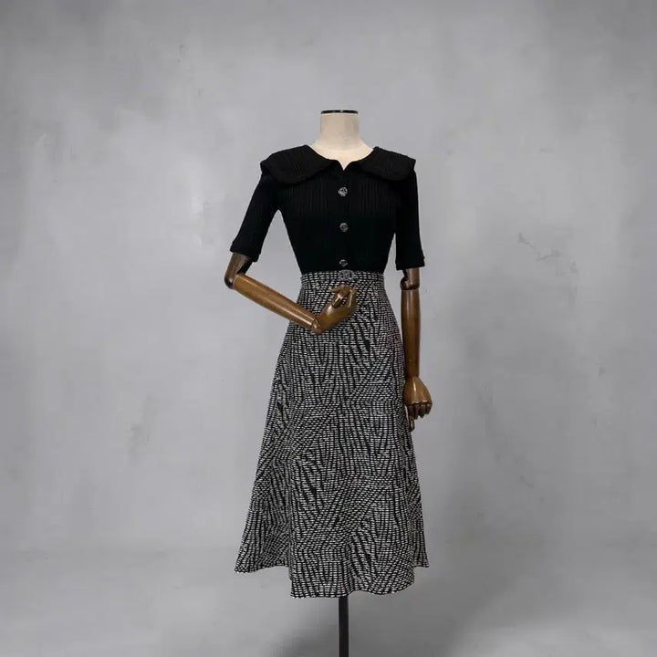 [BUNJANG] Misha Black Collar Knit Pattern Long Dress / 미샤 블랙 카라 니트 패턴 롱 원피스