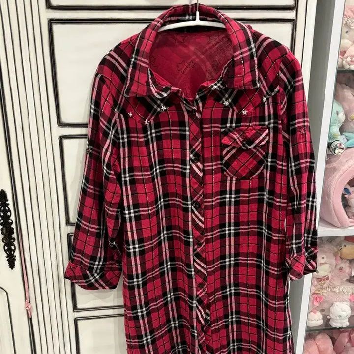 [BUNJANG] Western Pink Check 7-Sleeve Shirt / 캐캐체 아무깔 웨스턴 핑크체크 7부 셔츠 키치펑크