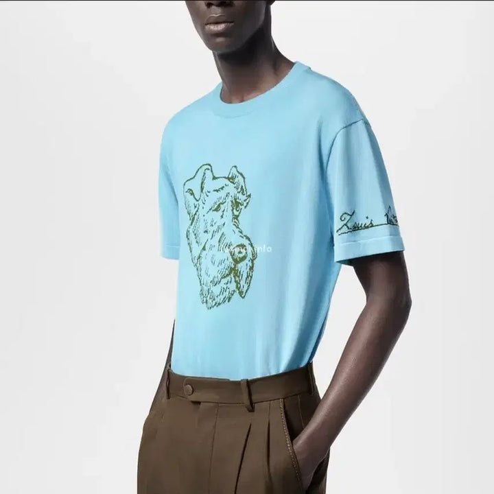 [BUNJANG] Louis Vuitton Fox Terrier Embroidered Knit Short Sleeve T-Shirt L / 매장판 루이비통 니트 반팔티 L사이즈.