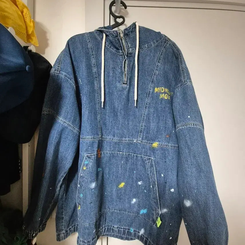 [BUNJANG] Midnight Move Denim Anorak Hoodie Paint Splatter Unisex Vintage / 미드나잇 무브 데님 아노락 후드티 물감 페인트 스플레터 유니섹스 빈티지