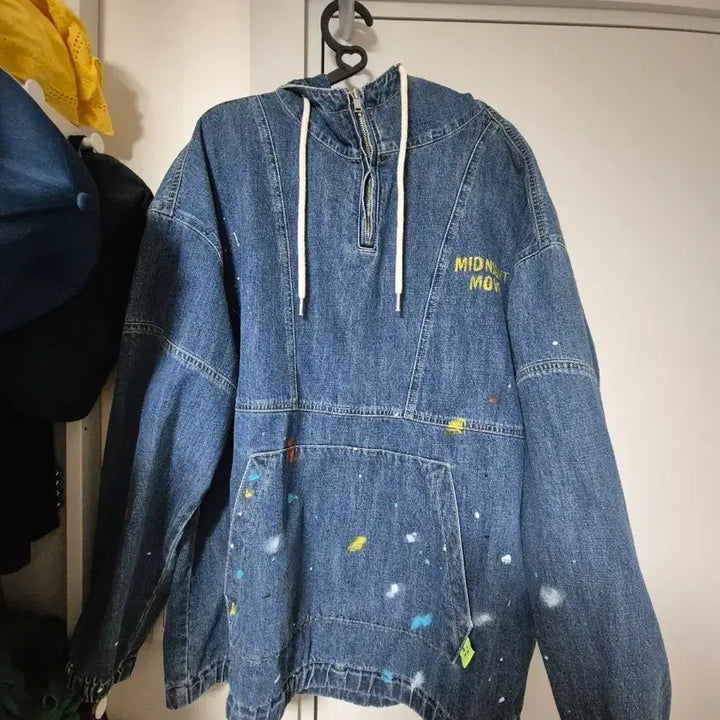 [BUNJANG] Midnight Move Denim Anorak Hoodie Paint Splatter Unisex Vintage / 미드나잇 무브 데님 아노락 후드티 물감 페인트 스플레터 유니섹스 빈티지