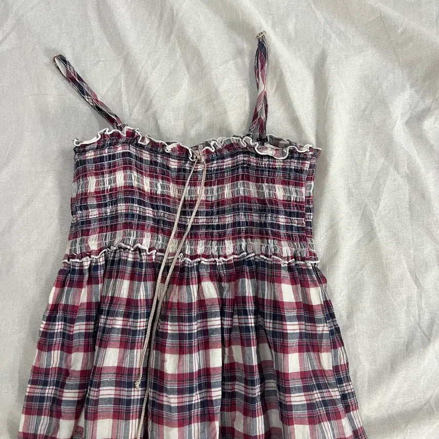 [BUNJANG] Mori Girl Hagumi Check Tiered Strap Dress / 모리걸 하구미 체크 캉캉 끈원피스