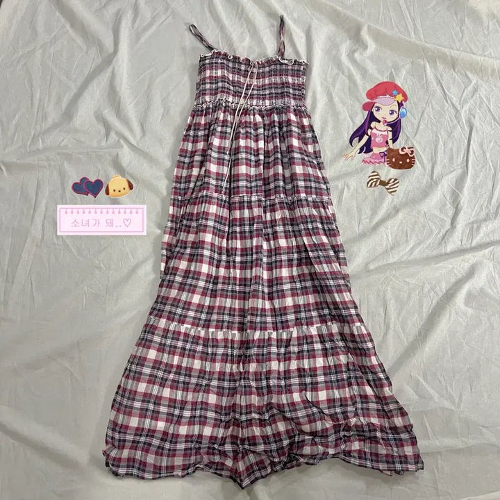 [BUNJANG] Mori Girl Hagumi Check Tiered Strap Dress / 모리걸 하구미 체크 캉캉 끈원피스