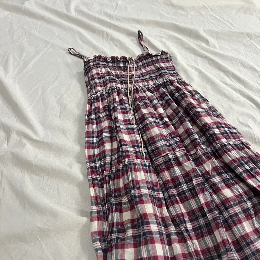 [BUNJANG] Mori Girl Hagumi Check Tiered Strap Dress / 모리걸 하구미 체크 캉캉 끈원피스