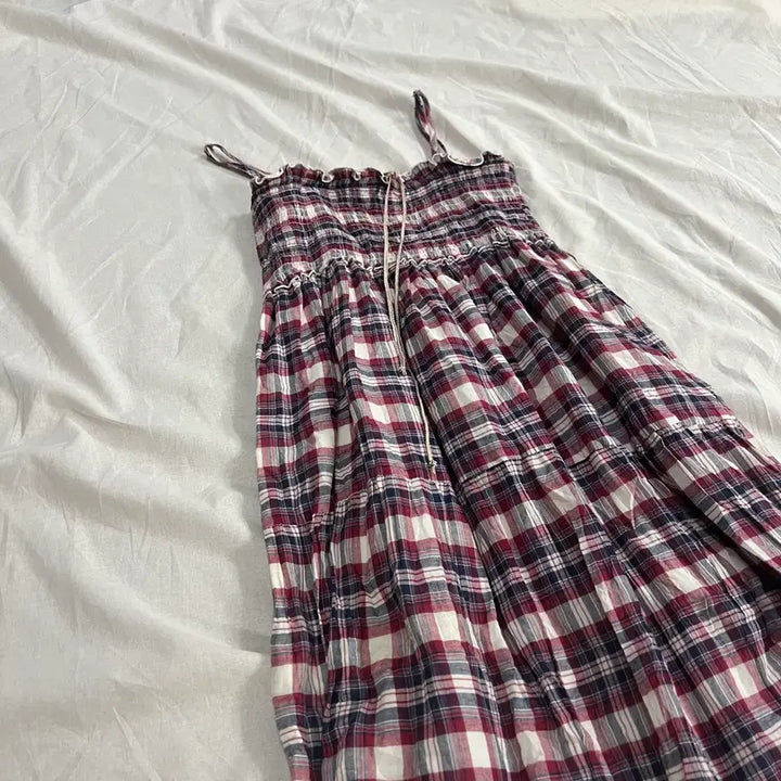 [BUNJANG] Mori Girl Hagumi Check Tiered Strap Dress / 모리걸 하구미 체크 캉캉 끈원피스