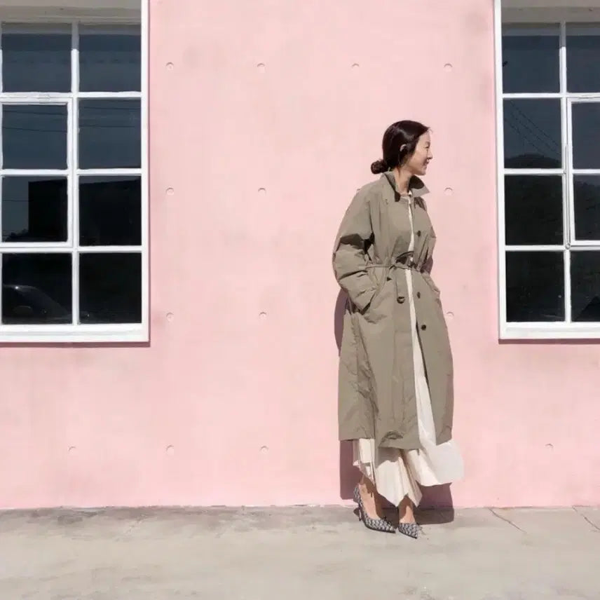 [BUNJANG] DKNY Lightweight Belted Trench Coat Jumper Khaki / 한섬 DKNY 바스락 경량 벨트 트렌치코트 롱점퍼 바람막이 자켓 카키