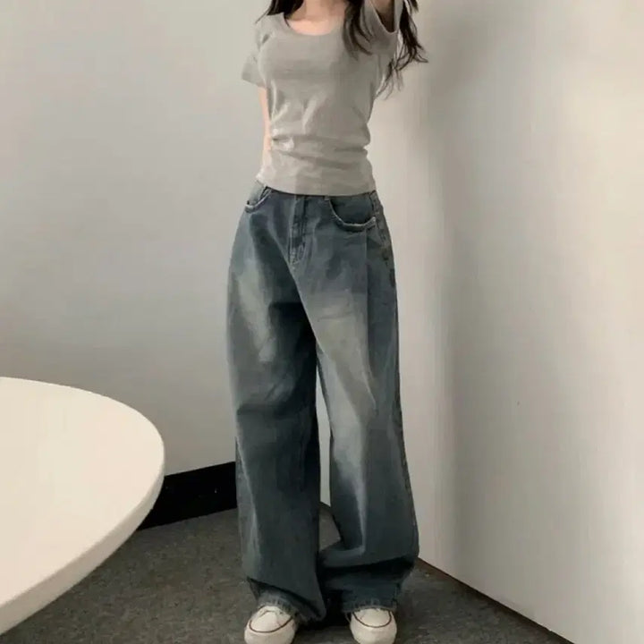 [BUNJANG] Washing Denim Wide Balloon Fit Pants / 워싱 데님 와이드 벌룬핏 팬츠