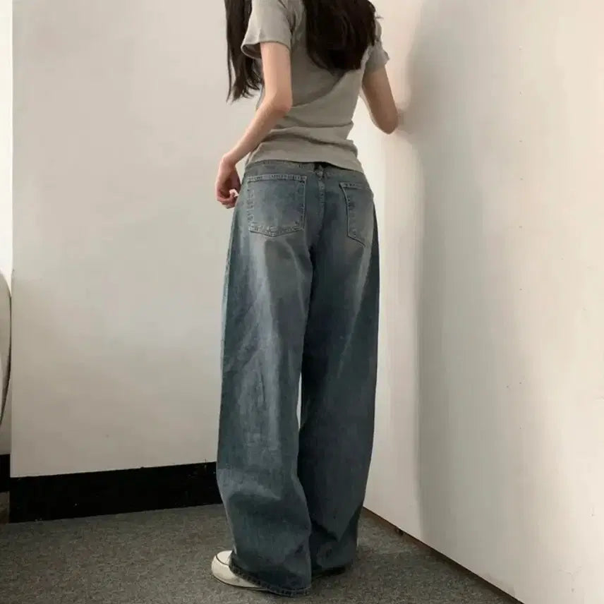 [BUNJANG] Washing Denim Wide Balloon Fit Pants / 워싱 데님 와이드 벌룬핏 팬츠