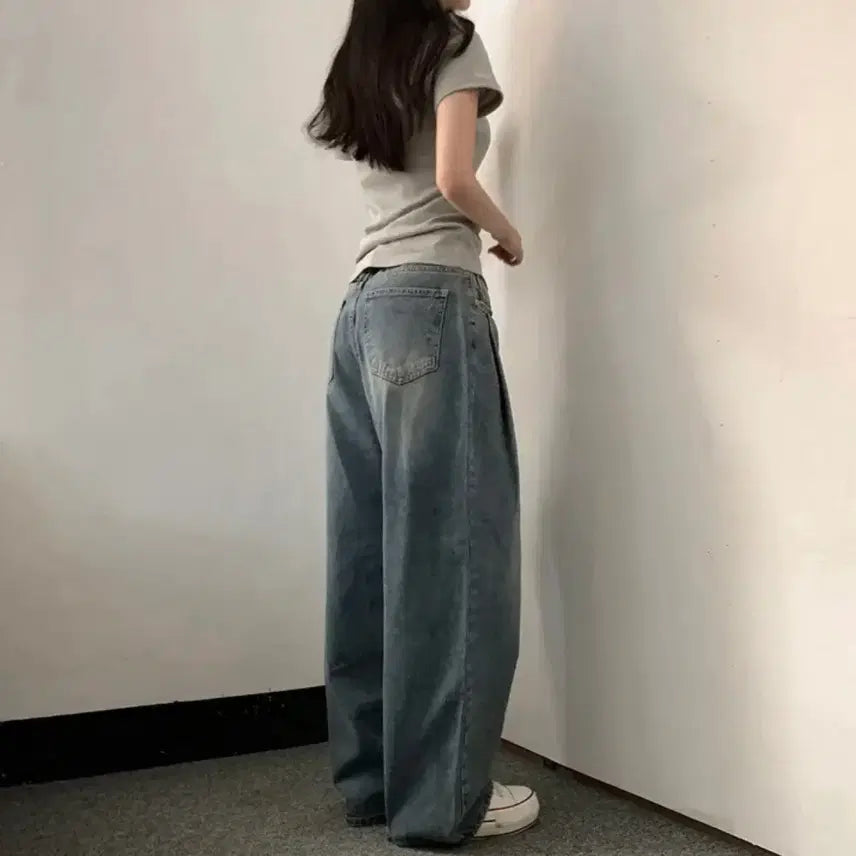 [BUNJANG] Washing Denim Wide Balloon Fit Pants / 워싱 데님 와이드 벌룬핏 팬츠