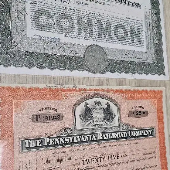 [BUNJANG] Rare US Bank Stock Certificate &amp; Pennsylvania Railroad Bond Set / 희귀 미국 은행주권 및 철도채권 2점 일괄