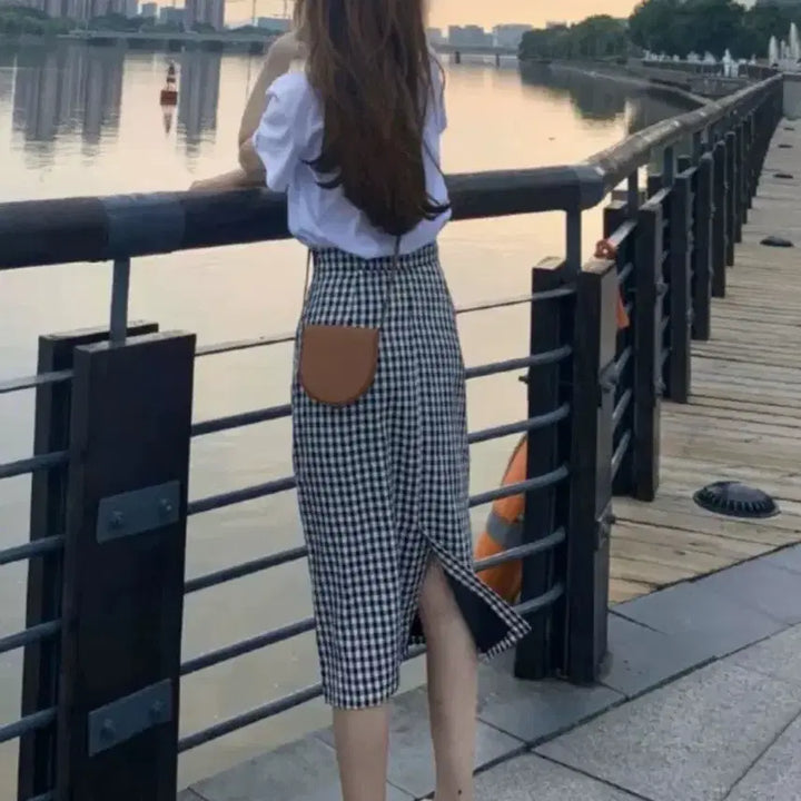 [BUNJANG] Check Long Skirt with Back Slit / 체크 롱 스커트 뒷트임 스커트