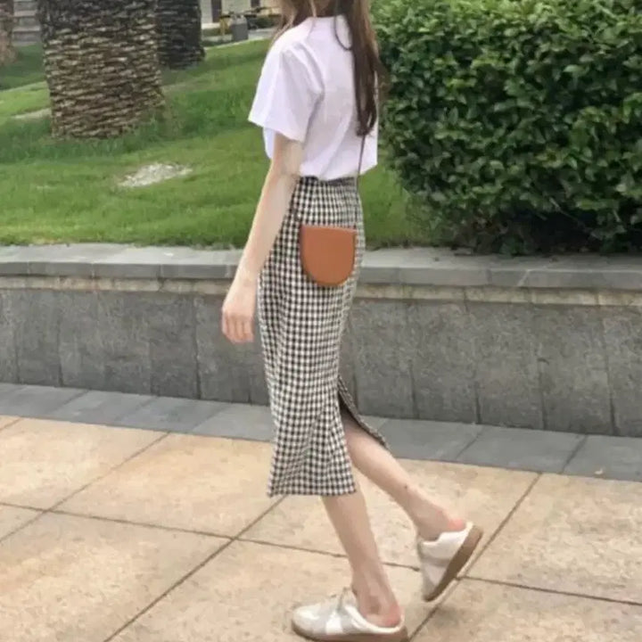 [BUNJANG] Check Long Skirt with Back Slit / 체크 롱 스커트 뒷트임 스커트