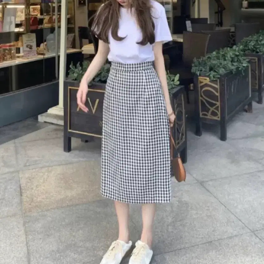 [BUNJANG] Check Long Skirt with Back Slit / 체크 롱 스커트 뒷트임 스커트