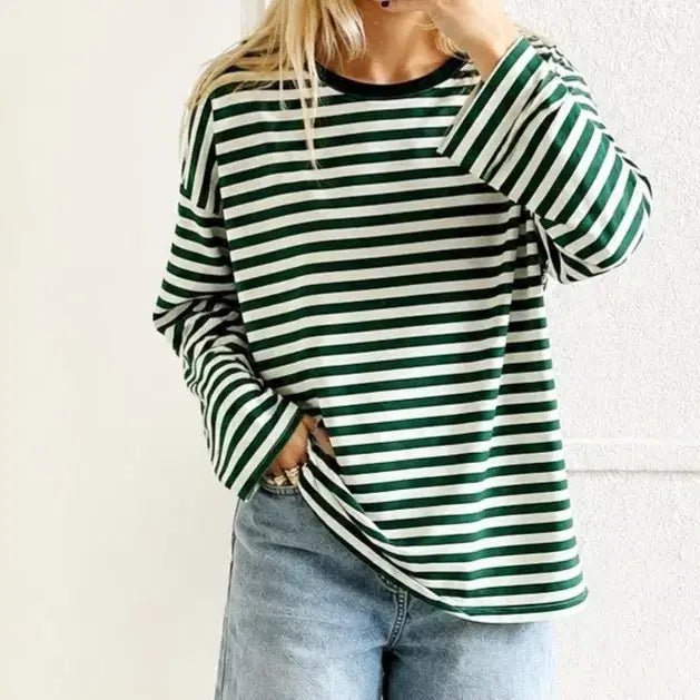 [BUNJANG] Green Striped Long-Sleeve T-Shirt / 새상품 그린 스트라이프 긴팔 티셔츠