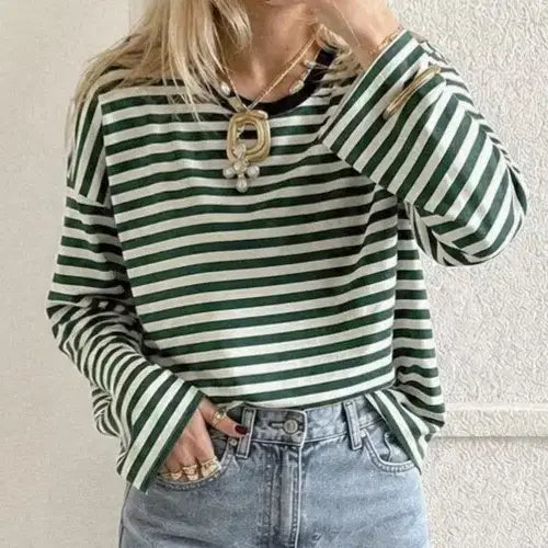 [BUNJANG] Green Striped Long-Sleeve T-Shirt / 새상품 그린 스트라이프 긴팔 티셔츠