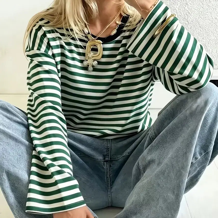 [BUNJANG] Green Striped Long-Sleeve T-Shirt / 새상품 그린 스트라이프 긴팔 티셔츠