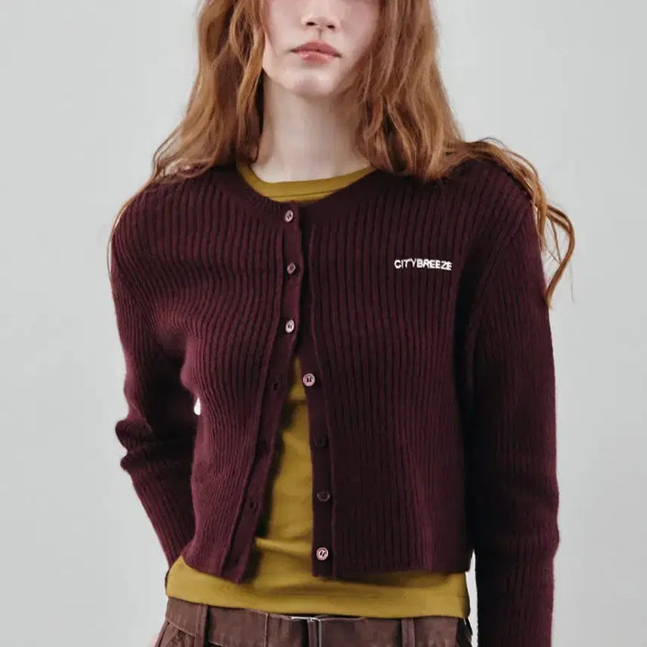 [BUNJANG] Citybreeze Ribbed Small Logo Cardigan Burgundy / [새상품] 시티브리즈 리브드 스몰 로고 가디건_버건디