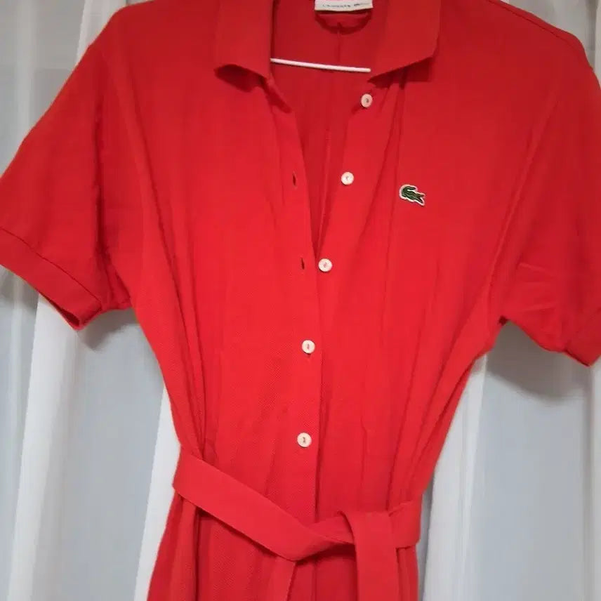 [BUNJANG] Lacoste Red Collar Shirt Dress / 라코스테 레드 카라 셔츠 원피스