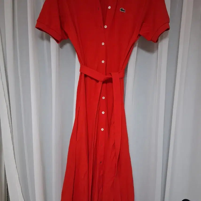 [BUNJANG] Lacoste Red Collar Shirt Dress / 라코스테 레드 카라 셔츠 원피스
