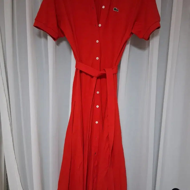 [BUNJANG] Lacoste Red Collar Shirt Dress / 라코스테 레드 카라 셔츠 원피스