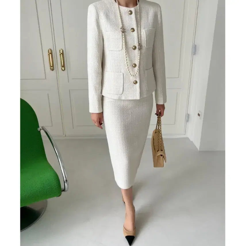 [BUNJANG] Ivory Tweed Setup (Jacket Size 55, Skirt Size 66) / (새상품) 아이보리 트위드 셋업 (자켓 55. 스커트 66)