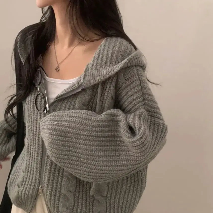 [BUNJANG] Two-Way Cable Knit Zip-Up Cardigan / 투웨이 꽈배기 니트집업