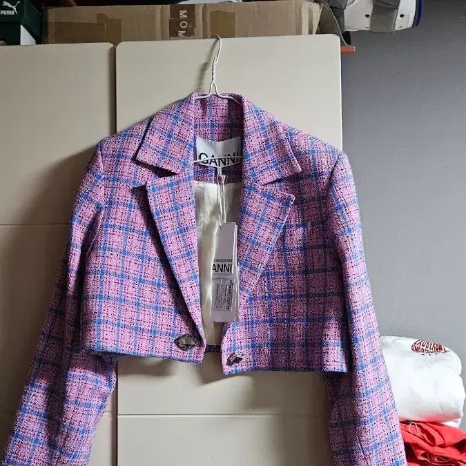 [BUNJANG] GANNI Pink Check Cropped Jacket / GANNI 가니 핑크 체크 크롭 자켓