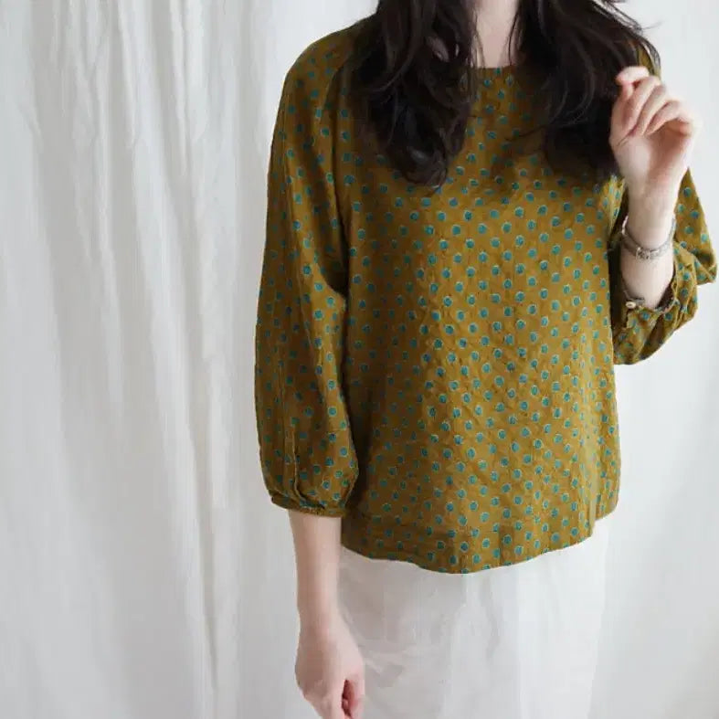 [BUNJANG] Ludia K Cotton In-gyeon Dot Puff Blouse / 제평 루디아케이 ludia k 코튼인견 도트 퍼프 블라우스 9부봄여름카키