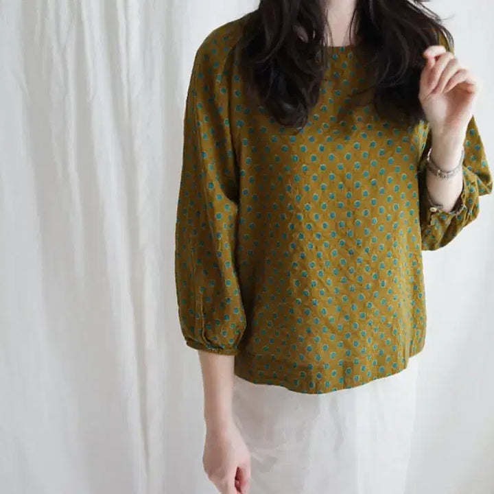 [BUNJANG] Ludia K Cotton In-gyeon Dot Puff Blouse / 제평 루디아케이 ludia k 코튼인견 도트 퍼프 블라우스 9부봄여름카키