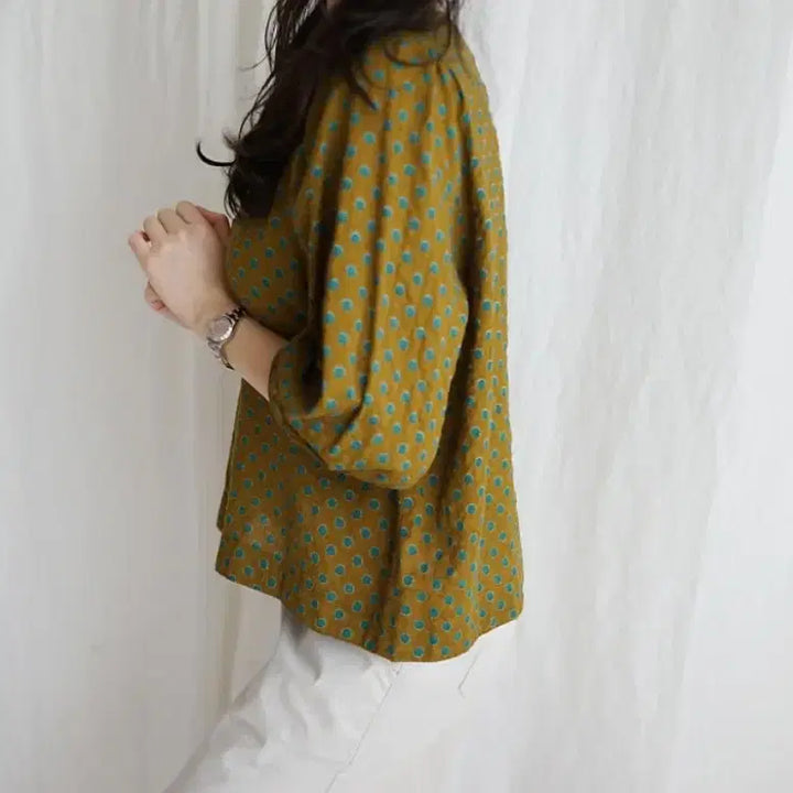 [BUNJANG] Ludia K Cotton In-gyeon Dot Puff Blouse / 제평 루디아케이 ludia k 코튼인견 도트 퍼프 블라우스 9부봄여름카키