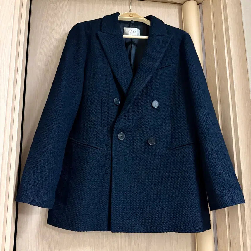 [BUNJANG] SJSJ Tweed Jacquard Oversized Double Jacket Dark Navy Half Coat / 한섬 SJSJ 트위드 자카드 오버사이즈 더블 자켓 다크네이비 하프코트