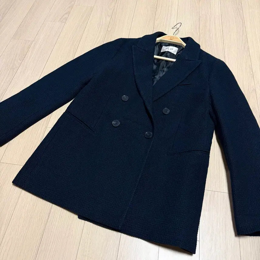[BUNJANG] SJSJ Tweed Jacquard Oversized Double Jacket Dark Navy Half Coat / 한섬 SJSJ 트위드 자카드 오버사이즈 더블 자켓 다크네이비 하프코트