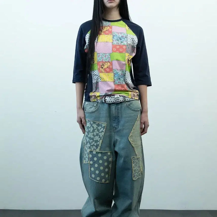 [BUNJANG] Nice Ghost Club Patchwork 7-Minute Sleeve T-Shirt / 나이스고스트클럽 패치워크 칠부 티셔츠