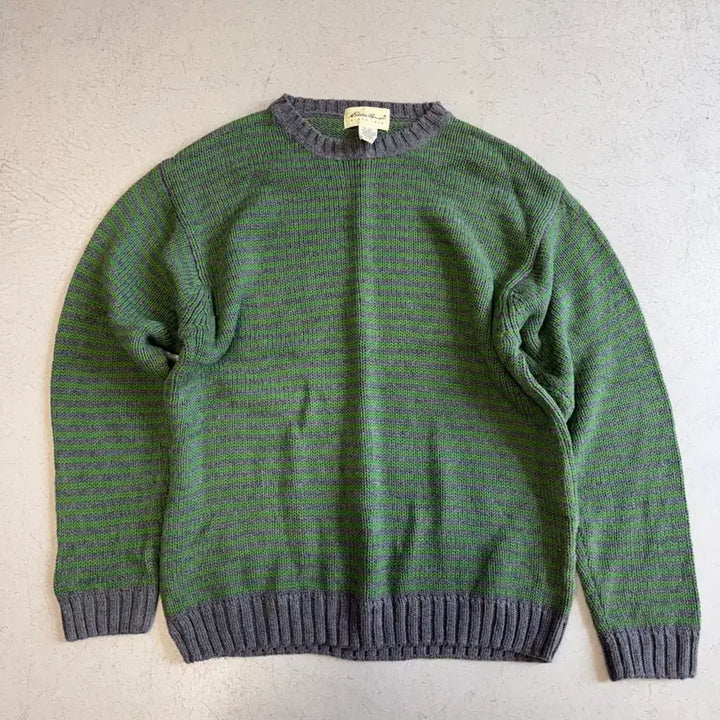 [BUNJANG] Eddie Bauer Green Stripe Cotton Knit Sweater / 에디바우어 그린 스트라이프 면니트