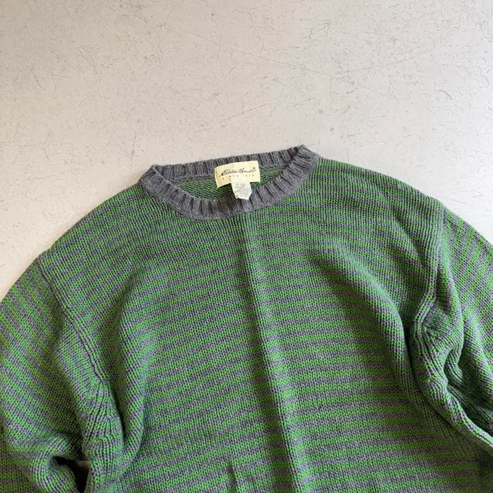 [BUNJANG] Eddie Bauer Green Stripe Cotton Knit Sweater / 에디바우어 그린 스트라이프 면니트