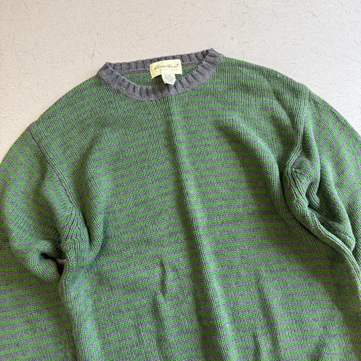 [BUNJANG] Eddie Bauer Green Stripe Cotton Knit Sweater / 에디바우어 그린 스트라이프 면니트