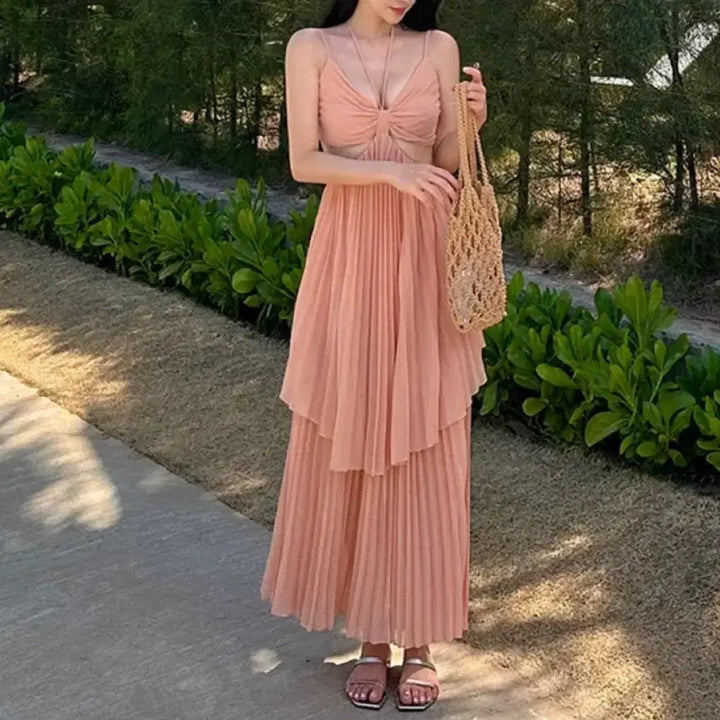 [BUNJANG] Chiffon Pleated Long Dress / 휴양지 쉬폰 플리츠 롱 원피스