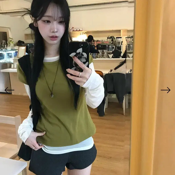 [BUNJANG] Kirev Olive Layered T-Shirt / 키레브 올리브 레이어드 티