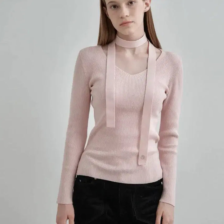 [BUNJANG] Montdoll V-Neck Slim Ribbed Knit Top - Pink / 몽돌 브이넥 슬림 골지 니트 탑 핑크