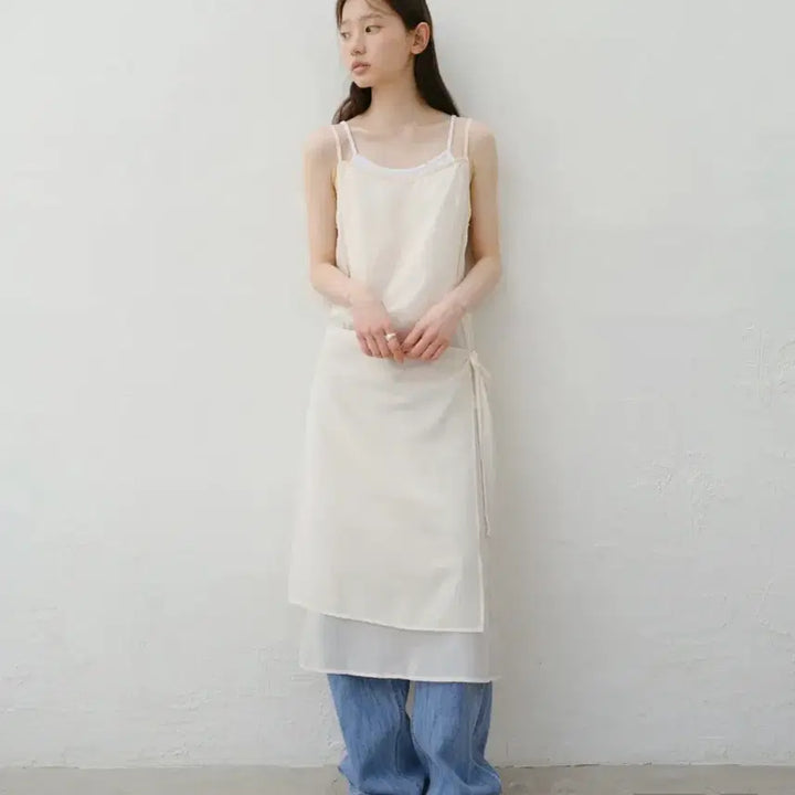 [BUNJANG] URAGO Layered Sleeveless Wrap Dress Cream / 유라고 Layered sleeveless wrap dress cream