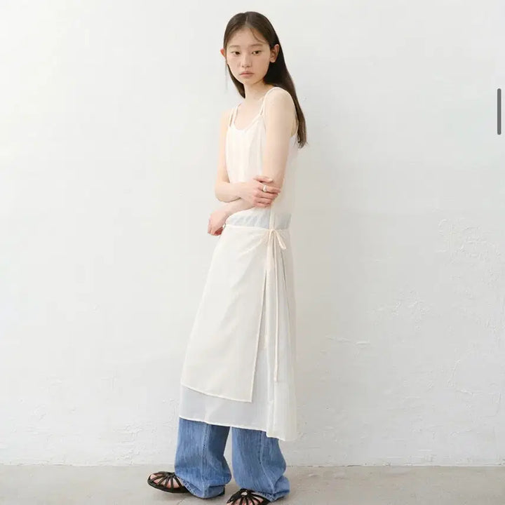 [BUNJANG] URAGO Layered Sleeveless Wrap Dress Cream / 유라고 Layered sleeveless wrap dress cream