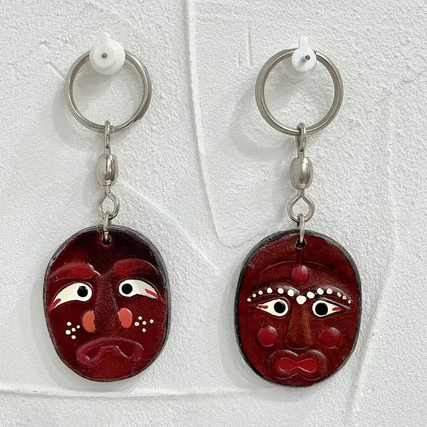 [BUNJANG] 90s Vintage Korean Traditional Mask Couple Leather Keychain Set / [90s 빈티지] K-고전키링 전통탈 커플 가죽키링