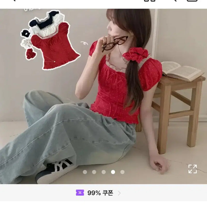 [BUNJANG] Polka Dot Short Sleeve Blouse with Scrunchie Set / 러블리룩 도트 반팔 블라우스 + 곱창밴드