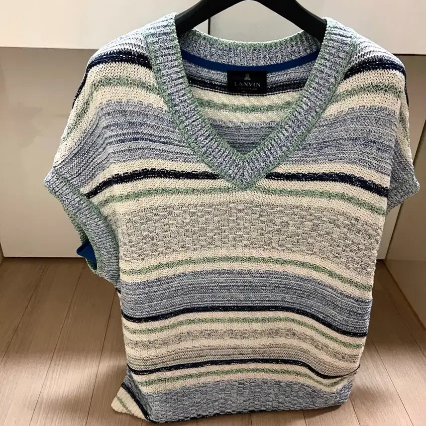 [BUNJANG] Lanvin Collection Striped Knit Vest / 21년 한섬 랑방컬렉션 스트라이프 니트 베스트 크로셰조끼여름브이넥린넨