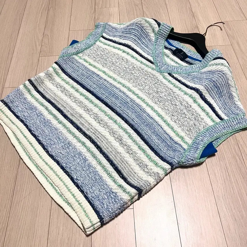 [BUNJANG] Lanvin Collection Striped Knit Vest / 21년 한섬 랑방컬렉션 스트라이프 니트 베스트 크로셰조끼여름브이넥린넨