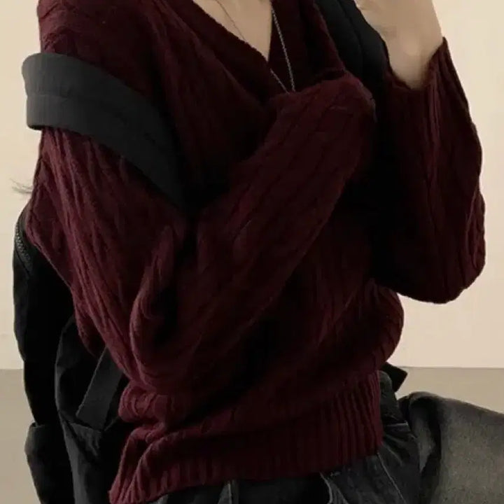 [BUNJANG] Andmore Cable Knit Burgundy / 앤드모어 꽈베기니트 버건디